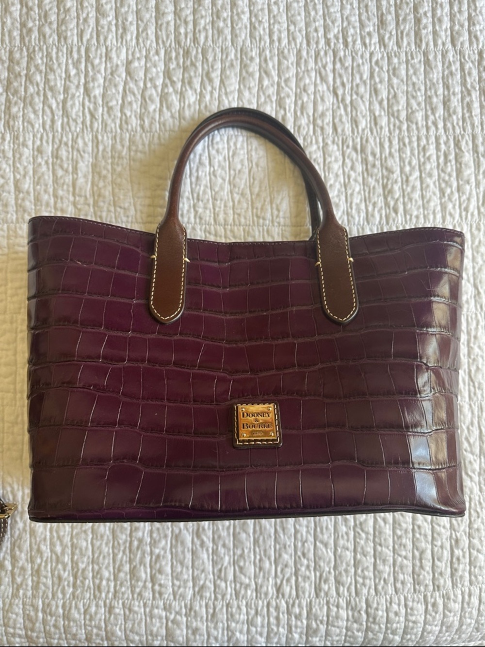 Dooney & Bourke Plum Croc-Embossed Tote with Brown Handles